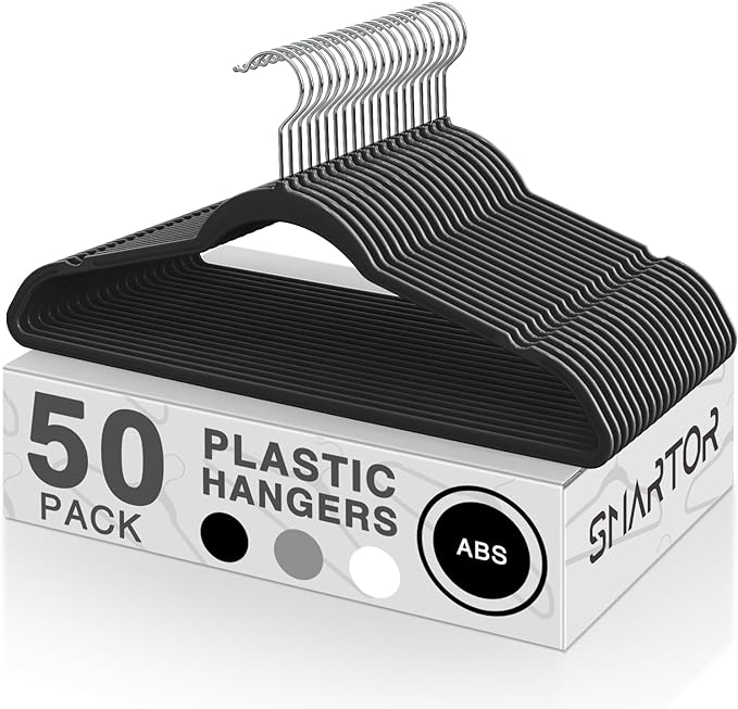 SMARTOR Plastic Hangers 50 Pack, Heavy Duty Plastic Hangers for Clothes - Non-Velvet Slim Hangers with 360° Swivel Hook & Clothes Thin Hanger - Durable Coat Hangars, Space Saving Hanger - Black