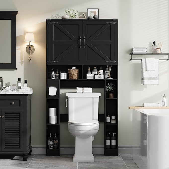 Vabches Over The Toilet Storage Cabinet, Farmhouse Storage Cabinet Over Toilet with 2 Barn Doors ，Toilet Paper Holder Stand，Home Space-Saving Toilet Rack, for Laundry, Restroom, Bathroom.Black.