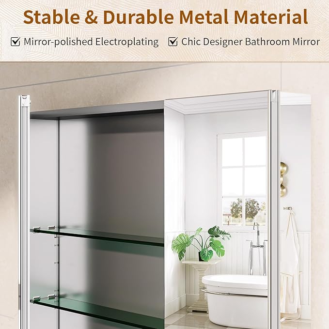 BEAUTYPEAK Bathroom Medicine Cabinet Mirror with Storage, 30 Inch x 24 Inch Silver Medicine Cabinet with Double Door & Adjustable Shelves for Vanity, Tempered, Aluminum Surface, Wall-mount or Recessed