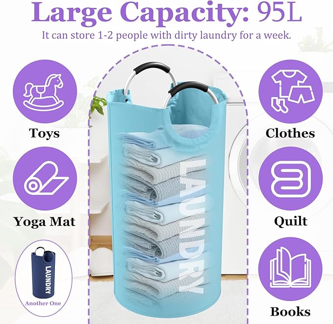 2Pcs Foldable Laundry Basket with Handles, 95L Large Clothes Hampers for Men, Tall Laundry Bin Stand Up Well, Portable Storage Basket for Family, Flat, Blue + Navy Blue