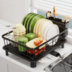 Dish Drainer Rack with Drip Tray, Sink Dish Drainer with Drainage Spout, Stainless Steel Dish Drying Rack with Cups, Utensil & Cutting Board Holders for Kitchen Counter Space-Saving, Black