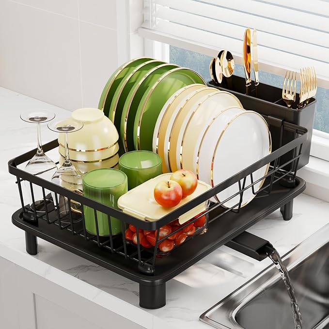 Dish Drainer Rack with Drip Tray, Sink Dish Drainer with Drainage Spout, Stainless Steel Dish Drying Rack with Cups, Utensil & Cutting Board Holders for Kitchen Counter Space-Saving, Black