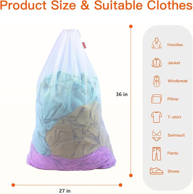 2 Pack Extra Large Mesh Laundry Bags Heavy Duty Mesh Wash Bags with Drawstring Closure for College, Dorm, Travel, Family and Apartment Dwellers, 27 x 36 Inches, White