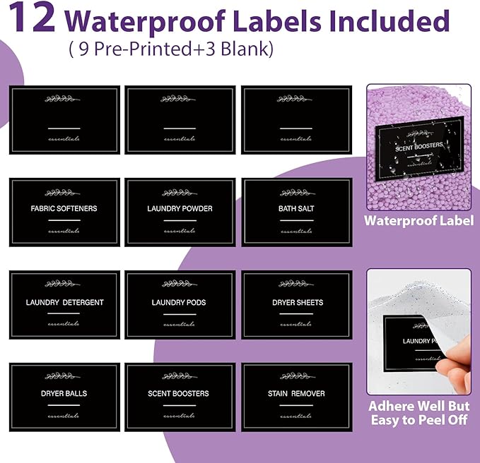 3+1 Pack Clear Laundry Pods Container & Dryer Sheet Holder, Plastic Square Laundry Room Organization and Storage Jars with Black Lids, Scoops & Labels for Detergent, Powder, Dryer Balls