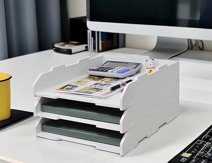 A3 Stackable Paper Tray, 3 Tier Desk File Organizer, Desktop Organizer for Office Supplies, File Storage, Letter Organizer /A3 Office File Folder,Home or Office School, White (Portrait-White-3-Tier)