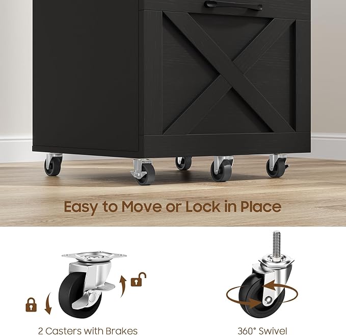 3 Drawer Tall File Cabinet with Wheels, Farmhouse Vertical Filing Cabinet Fits Letter/A4 Size, Rolling File Cabinets Wooden Printer Stand for Home Office, Black