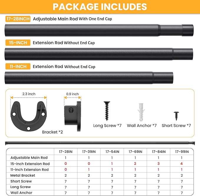 4 Pack Closet Rods,17-84 Inch No-Cut Stepless Adjustable Closet Rod, 1.3 Inch Heavy Duty Metal Closet Hanging Rod with Brackets, Matte Black Closet Bar for Closet, Laundry Room, RV