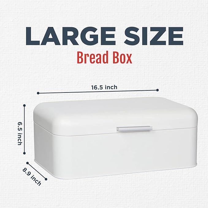 Culinary Couture Extra Large White Bread Box for Kitchen Countertop - Holds 2 Loaves - 16.5" x 9" x 6.5" - Stainless Steel Vintage Bread Boxes for Kitchen Counters