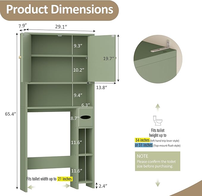 Meilocar Over the Toilet Storage Cabinet, 64.6" Tall Bathroom Storage Cabinets with Toilet Paper Holder & Adjustable Shelf, Freestanding Wood Cabinet for Bathroom, Green