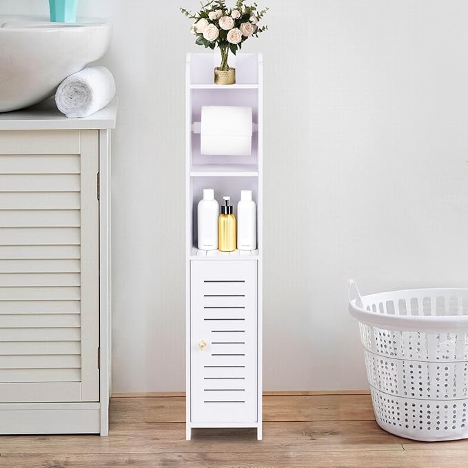 LuiceABC Toilet Paper Holder Stand, Over The Toilet Storage Cabinet for Bathroom, Slim Corner Shelf for Small Space Storage, Small Bathroom Storage Cabinet with Toilet Roll Holder & Door - White
