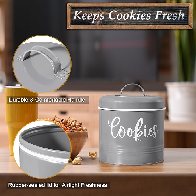 Gray Cookie Jar for Kitchen Counter, 1 Gallon Vintage Cookie Jar with Airtight Lid, Large Food Storage Container for Candy, Cookies, Dessert, Farmhouse Kitchen Decor and Accessories