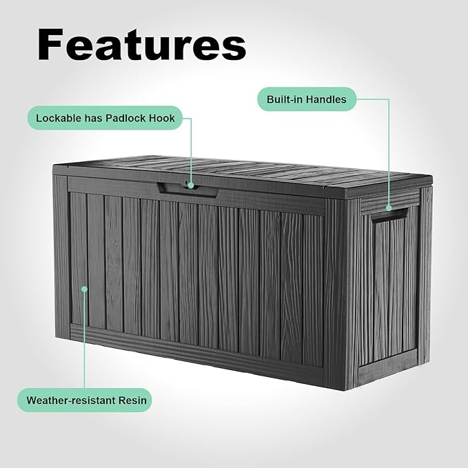80 Gallon Outdoor Deck Box,Waterproof Resin Outdoor Storage Boxes, Outside Storage Lockable Container for Garden Tools,Indooor Cushions,Accessories (Black)