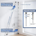 Shower Caddy Corner Tension Pole, Stainless Steel Rustproof 6 Shelves Bathroom Organizer with Towel Bar & Toothbrush Holder, Adjustable Shower Shelf for Renters - Family Stand Storage Rack