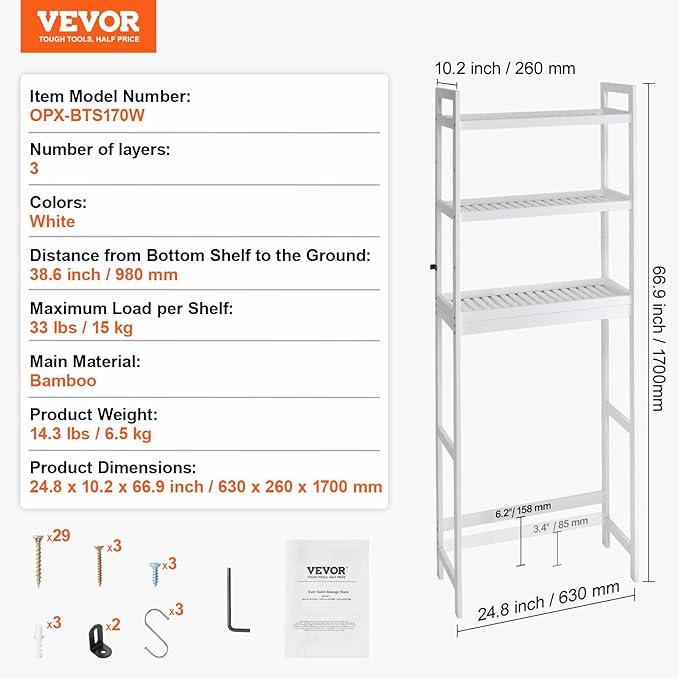 VEVOR Over The Toilet Storage, 3-Tier Adjustable Over Toilet Bathroom Organizer, Bamboo Storage Shelf Rack with 3 Hooks, Freestanding Easy Assembly Laundry Space Saver, Fit Most Toilets