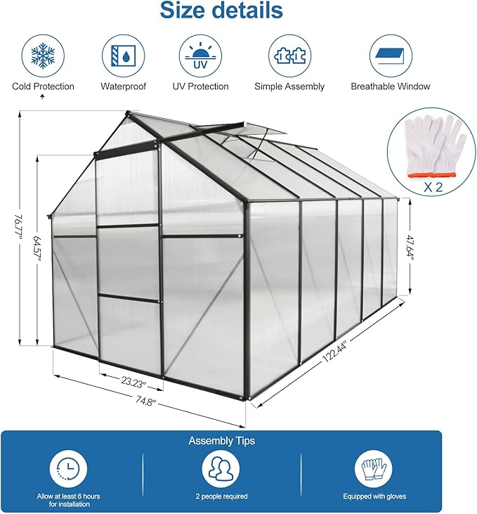 6X10FT Greenhouse for Outdoor, Polycarbonate Greenhouse with Raised Base and Anchor, Heavy-Duty Walk-in Green House with Adjustable Roof Vent and Gutter System for Patio,Backyard (Black, 6X10FT)