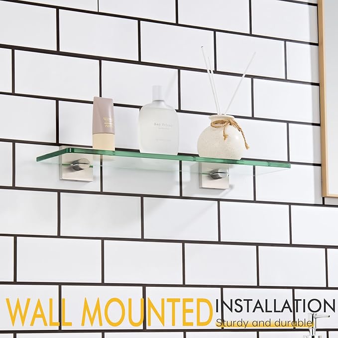 KOKOSIRI Glass Shelf for Bathrooms Wall Mount Floating Shelves 16-Inch for Shower Storage Kitchen Hanging Rack, Brushed Stainless Steel B1107BR-L16