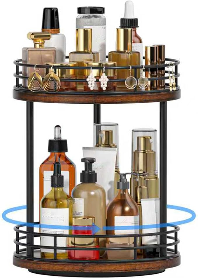 Bathroom Organizer Countertop,2 Tier Rotating Makeup Organizer Countertop for Vanity,Wooden Bathroom Counter Storage Shelf,Lazy Susan Turntable for Perfume,Skincare,Cosmetic (Brown)