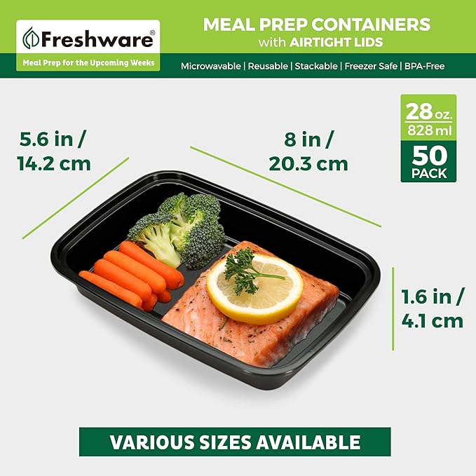 Freshware Meal Prep Containers [50 Pack] 1 Compartment Food Storage Containers with Lids, Bento Box, BPA Free, Stackable, Microwave/Dishwasher/Freezer Safe (28 oz)