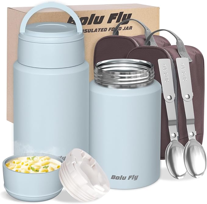 2 Pack Soup Thermo for Hot Food for Adults, Insulated Food Jar, Stainless Steel Vacuum Thermal Lunch Box Containers with Carry Bag and Spoon (18.5oz, 27oz) (Blue)
