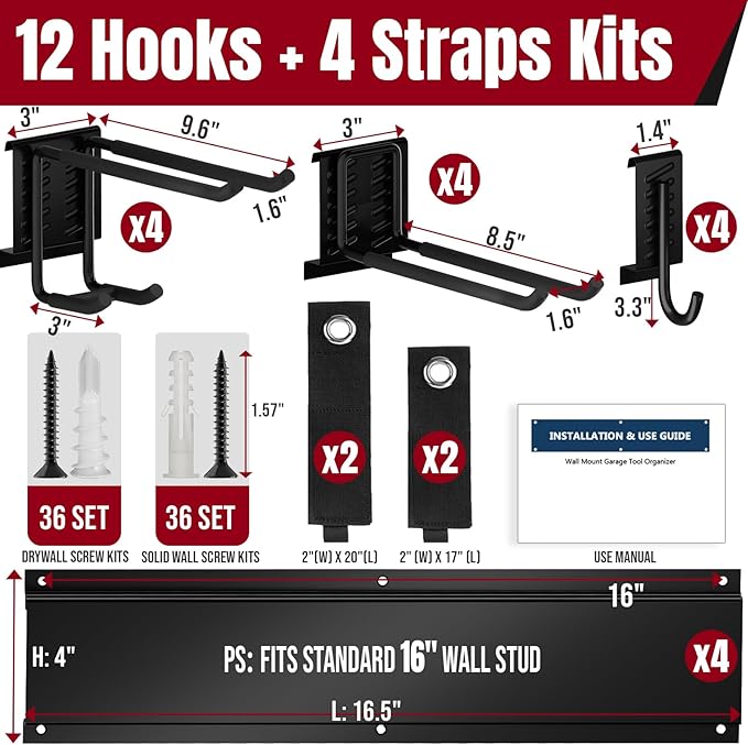 66" Garage Tool Organizer Wall Mount,20 PCS Garage Organization and Storage System Carries 720lbs, Heavy Duty Wall Rack for Garden & Shed Tools, Fits 16" Wall Studs(4 Panels)