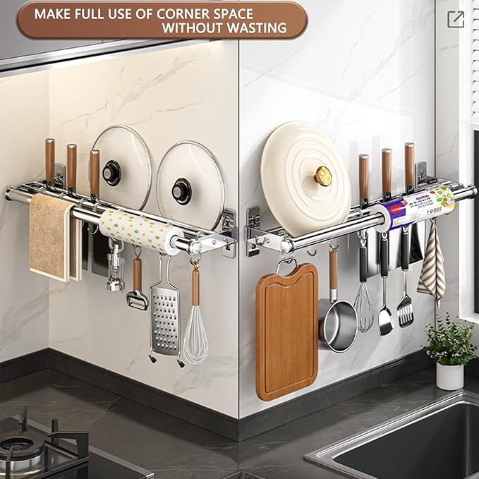Hanging Wall Mount knife Wall Mount, Kitchen Organizer Storage Shelf for Utensils Spatula Spoon, Space-Saving Knife Rack with Hooks,Wall-Mounted Utensil Holder (Grey, 50CM+Single Pole+8Hooks)