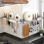 Hanging Wall Mount knife Wall Mount, Kitchen Organizer Storage Shelf for Utensils Spatula Spoon, Space-Saving Knife Rack with Hooks,Wall-Mounted Utensil Holder (Grey, 40CM+Single Pole+6Hooks)