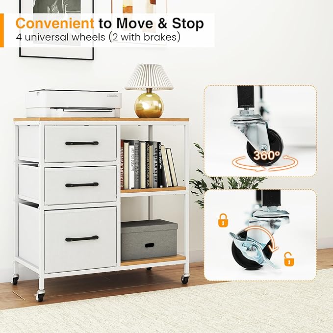 Giantex File Cabinet, Printer Stand with Storage, 3 Fabric Drawers, Open Storage Shelves, Charging Station, 4 Rolling Wheels (2 Lockable), Lateral Filing Cabinet for Home Office Organization (White)