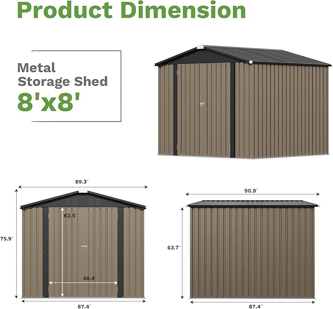 Patiowell 8x8 FT Outdoor Storage Shed, Metal Tool Sheds, Brown