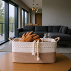 Decorative laundry basket with handles woven from natural cotton rope storage blankets for living room cute boho quilted gift baskets for clothes pillows toys 20"x14"x10",white/brown