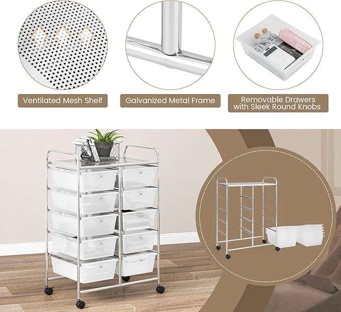 RELAX4LIFE Rolling Storage Cart with 10 Drawers - Craft Storage Cart with Lockable Wheels,Utility Cart, Art Cart Organizer for Crafting Storage, Studio, Office, Home, School Rolling Drawer Cart
