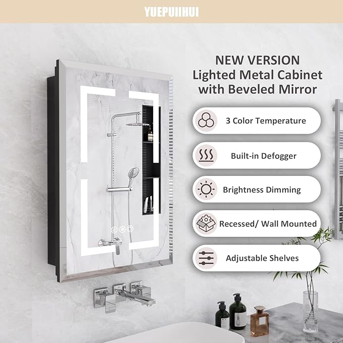 16X24 Inch Bathroom Medicine Cabinet with Mirror, Adjustable 3-Color Brightness Dimming LED Mirror Cabinet Recessed or Wall Mounted, Black Medicine Cabinet with Lights, Defogger