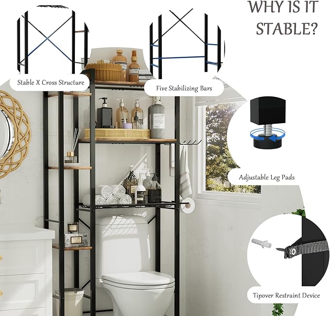 homyfort Over The Toilet Storage Cabinet, 3-Tier Bathroom Shelves Over Toilet, Easy Installation with Drain Basket, Side Rack, X Shape Side Guardrail, Freestanding Toilet Rack for Balcony, Laundry