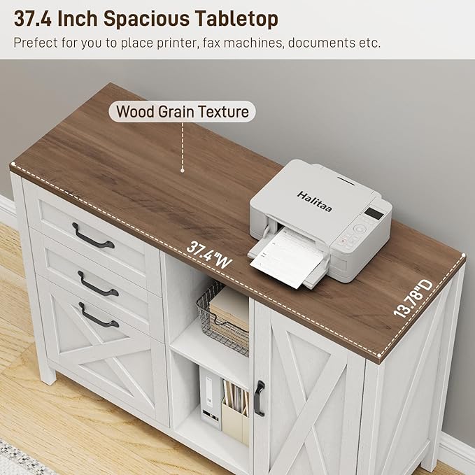 3 Drawer File Cabinet, Farmhouse Style Lateral Filing Cabinet Suitable for Letter or A4 Size Files, Wooden Home Office Storage with Adjustable Shelf and Printer Stand, White and Brown