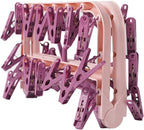 Clothes Drying Racks Foldable Clip Hangers Plastic with 32 Drying Clips Wind-Proof Hook Underwear Hanger for Socks Bras (Pink)