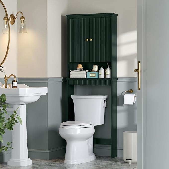 Over The Toilet Storage Cabinet, Over The Toilet Storage with Fluted Door Over The Toilet Cabinet with Adjustable Shelf Above The Toilet Storage Cabinet for Bathroom Organizer, Forest Green