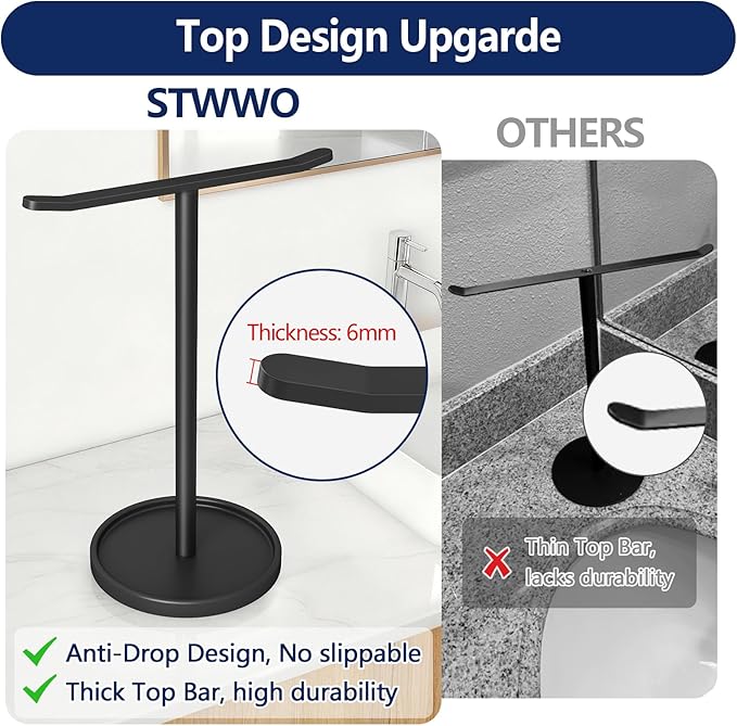 Hand Towel Holder, Stainless Steel Towel Holder Stand for Bathroom, Kitchen Countertop, T-Shaped Hand Towel Rack Stand, Black