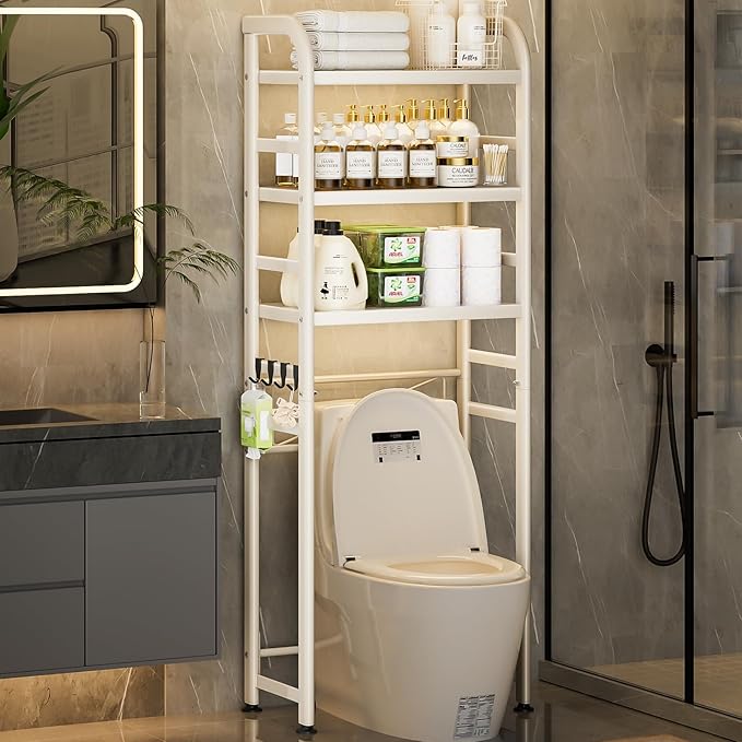 Over The Toilet Storage, Enhanced Oval Tube Bathroom Shelf Organizer, Freestanding Toilet Storage Cabinet with Suction Cups for Fastening, 3-Tires Over The Toilet Rack (White)