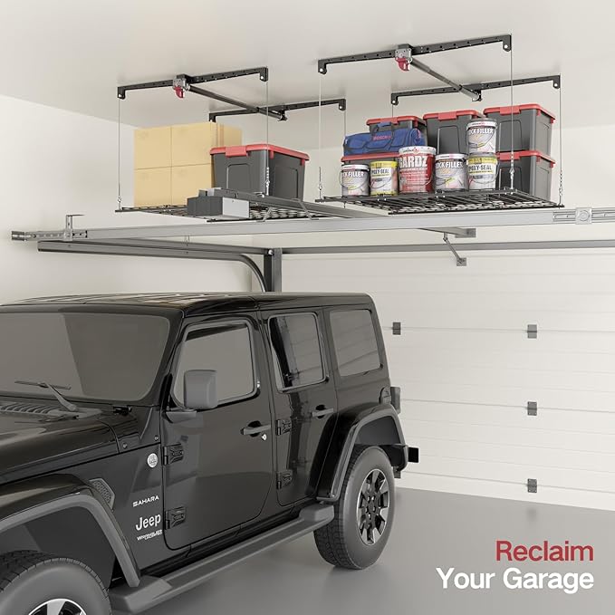 Overhead Garage Storage Rack for 12–14 FT Ceiling, Heavy-duty 4x4 FT Ceiling Storage Racks with Safety Lock, Ideal for Garage Storage Mounted Lift System and Storage Organizer, 250lbs Capacity