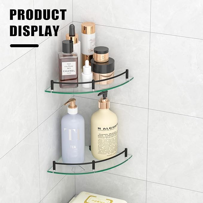 Glass Corner Shelf for Bathroom Corner Shelf, 3 Pack Tempered Glass Shelf with Electroplating Black Metal Rails，Suitable for Bathroom