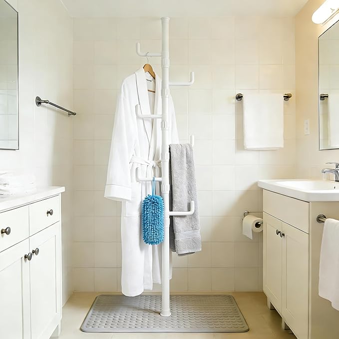 Floor to Ceiling Clothes Drying Rack, Adjustable Tension Pole Laundry Rack for Balcony. Vertical Coat Hanger Stand for Bathroom Bedroom, No Drilling Easy Install Space Saving (White)
