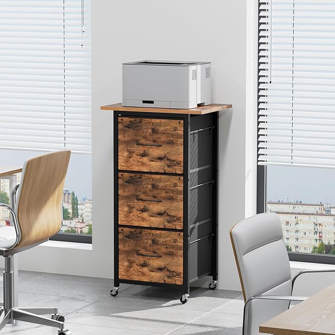 3 Drawer File Cabinet, Vertical Filing Cabinet with Wheels, Printer Stand with Non-Woven Fabric Drawer, Adjustable Hanging Rods, fits A4/Letter Size, for Home Office, Rustic Brown FCHR5901