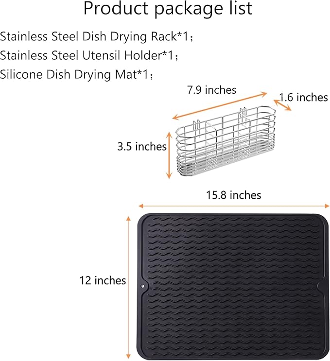 Stainless Steel Dish Drying Rack(15.2"L X 11"W X 5.3"H), Expandable Fruit & Vegetable Drain Rack over Sink, Dish Drainer Rack in Sink, with Stainless Steel Utensil Holder & Silicone Mat(16")