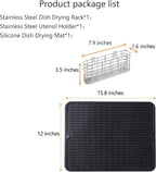 Stainless Steel Dish Drying Rack(15.2"L X 11"W X 5.3"H), Expandable Fruit & Vegetable Drain Rack over Sink, Dish Drainer Rack in Sink, with Stainless Steel Utensil Holder & Silicone Mat(16")