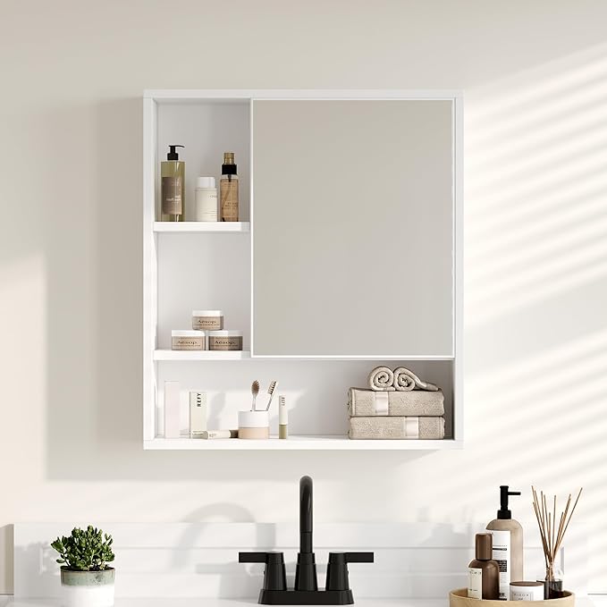 ChooChoo Bathroom Wall Mirror Cabinet, Medicine Cabinet with Single Door and Adjustable Shelf, Over The Toilet Space Saver Storage Cabinet, White