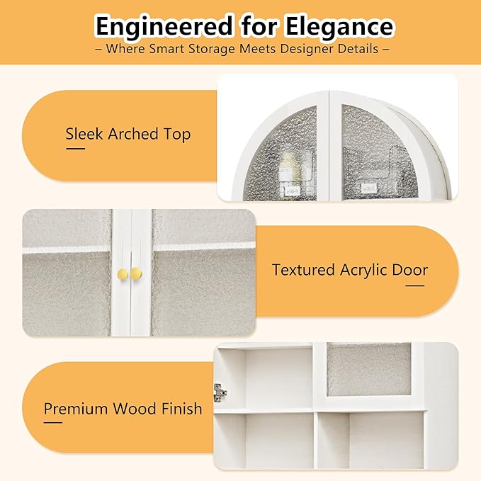 Over The Toilet Storage Cabinet, 29.7”W Modern Storage Cabinet Over Toilet with Acrylic Doors, Arched Freestanding Over Toilet Rack with Adjustable Shelf for Bathroom, White