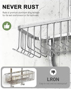 Shower Caddy Hanging - Never Rust Shower Hanging Organizer - Aluminum Over the ShowerHead Caddy with Soap Basket and 6 Hooks for Razor/Sponge (Frosted Silver)