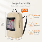 Lifewit Laundry Bag, Extra Large Laundry Backpack with Shoulder Straps and Mesh Pocket for Laundromat, Heavy Duty Laundry Bag Backpack for Dirty Clothes for College Dorm/Travel/Apartment, 120L, Khaki