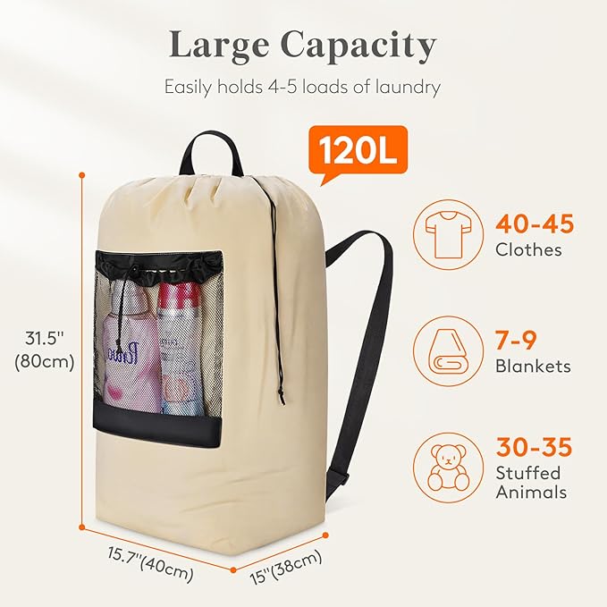 Lifewit Laundry Bag, Extra Large Laundry Backpack with Shoulder Straps and Mesh Pocket for Laundromat, Heavy Duty Laundry Bag Backpack for Dirty Clothes for College Dorm/Travel/Apartment, 120L, Khaki