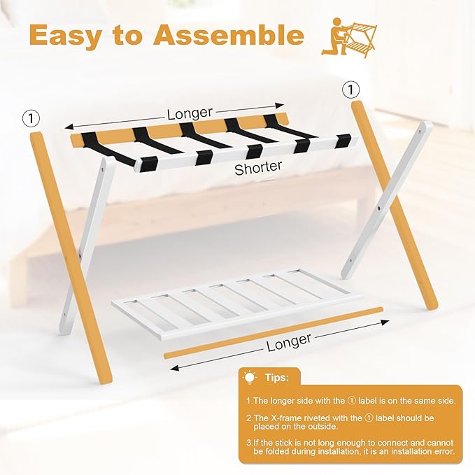 White Luggage Racks Set of 2, Bamboo 26.77" Luggage Rack Stand for Guest Room, 5 Nylon Straps, Foldable Suitcase Stand with Storage Shelf for Bedroom Hotel, Holds up to 165 Lbs