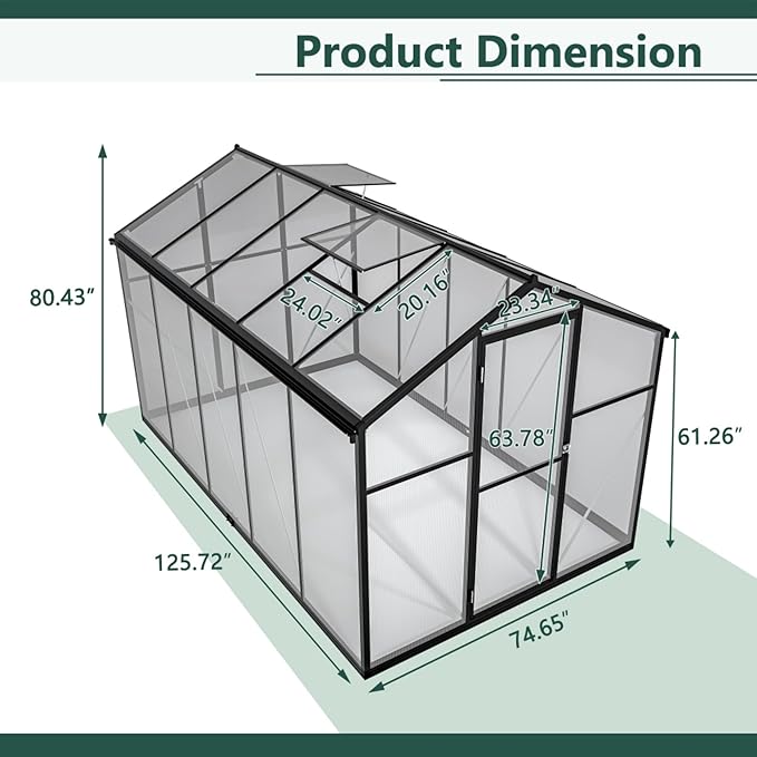 Polycarbonate Greenhouse for Outdoors, Large Walk-in Aluminum Frame Greenhouse with Lockable Door, Adjustable Roof Vent, UV Protection, Weather-Resistant for Garden Backyard (Black,6x10 FT)